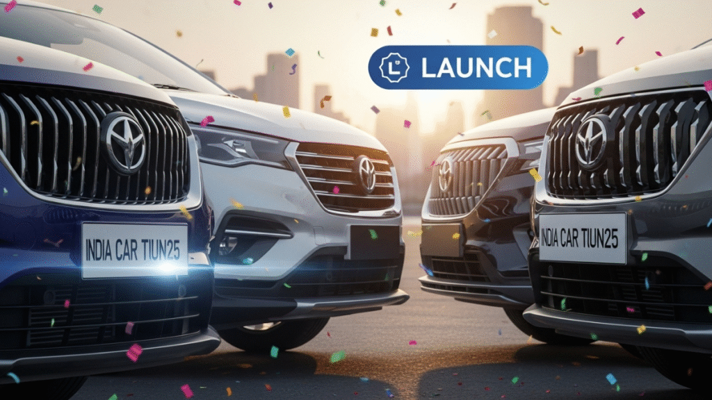 Front grilles of three new cars from India car launches, confetti, and launch icon, city background.