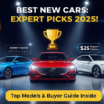 Lineup of best new cars 2025, trophy icon, “Top Picks” badge, and showroom lights.