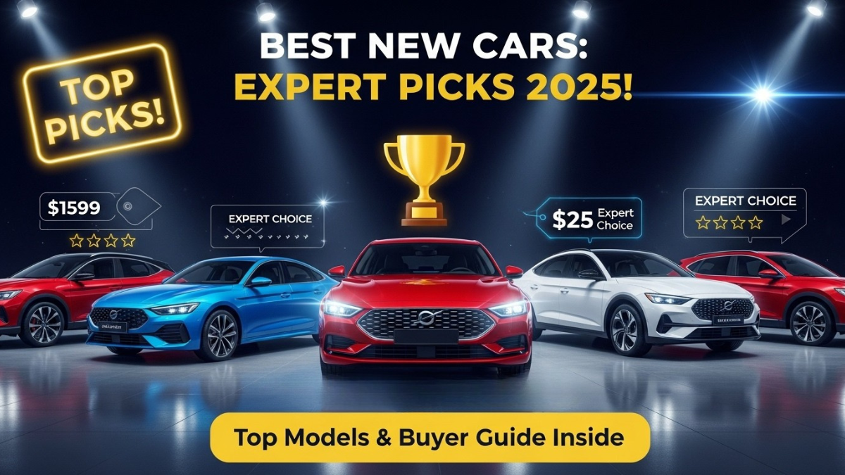 Lineup of best new cars 2025, trophy icon, “Top Picks” badge, and showroom lights.