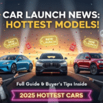 Car launch news thumbnail with three new cars, excited buyers, price tags, and “new launch” badges.