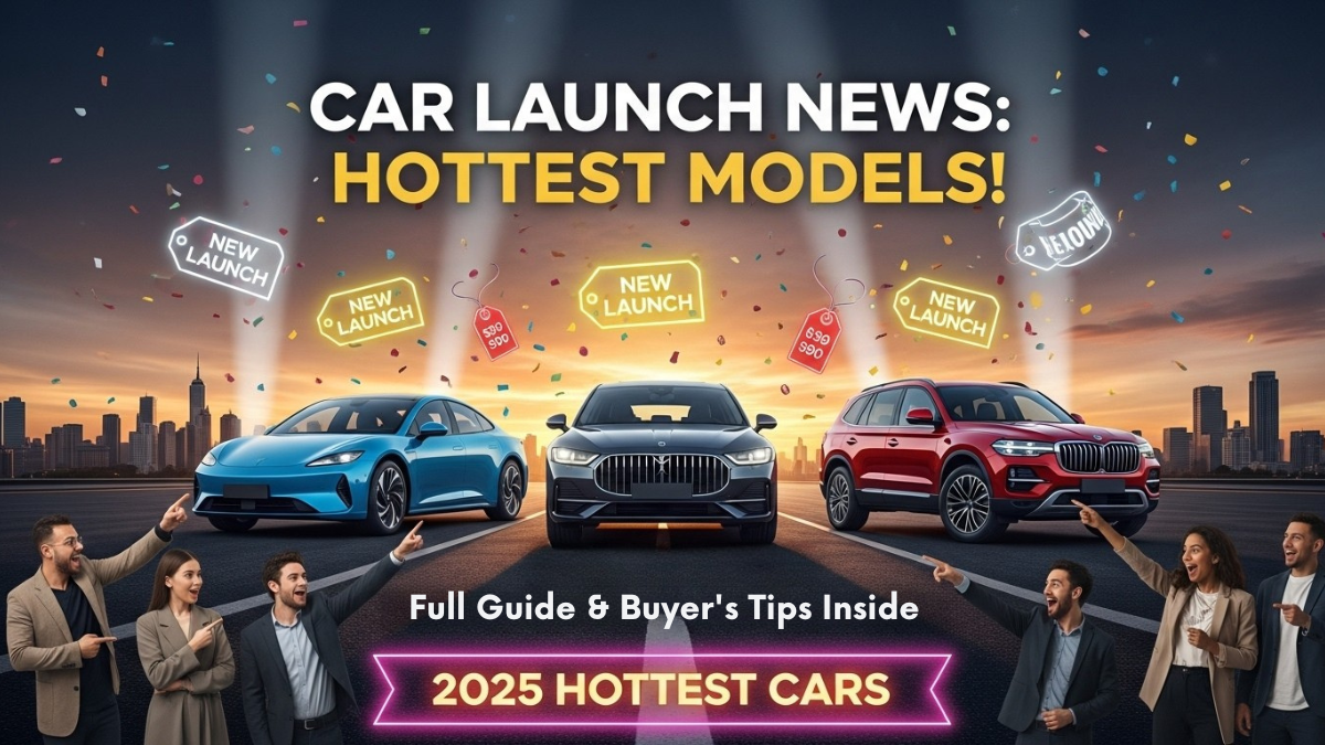 Car launch news thumbnail with three new cars, excited buyers, price tags, and “new launch” badges.
