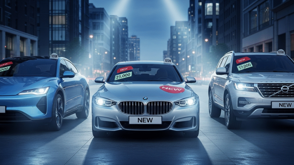 Car launch news featuring electric, luxury, and SUV models with glowing “new” badges and price tags on a city street.