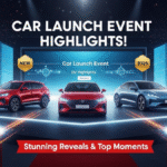 Car launch event highlights with new cars, glowing badges, stage lights, and confetti.