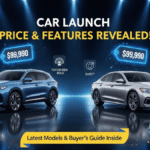 Car launch price and features, new SUV and sedan, digital price tags, buyer holding smartphone, and glowing auto expo setting.