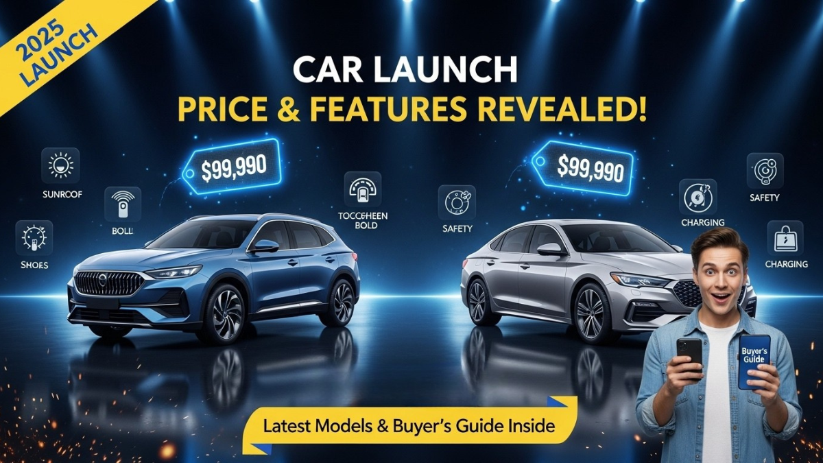 Car launch price and features, new SUV and sedan, digital price tags, buyer holding smartphone, and glowing auto expo setting.